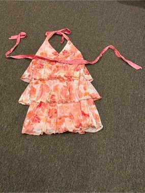EUC Ladies M Peach Pink Floral Tiered Halter summer Dress gorgeous